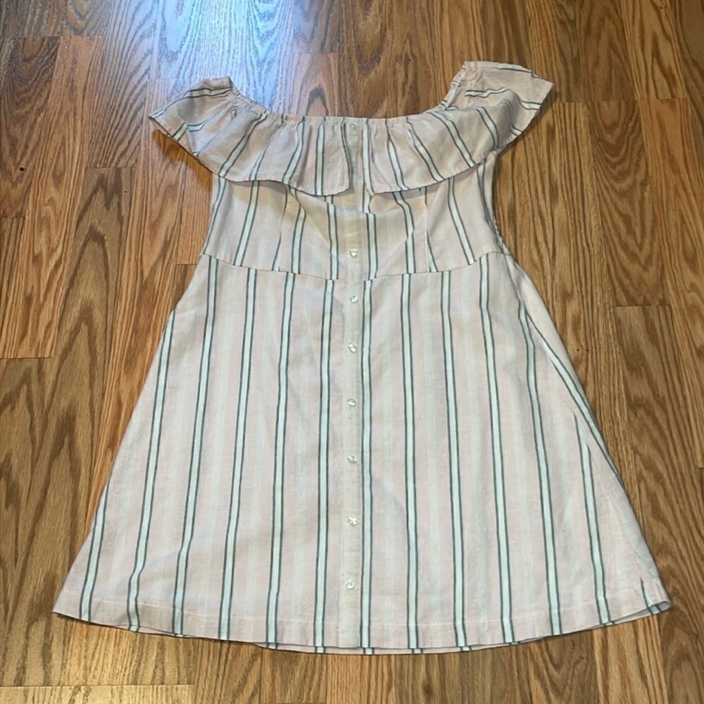 Hollister Pink Stripe Dress, Off shoulder Ruffle, Smocked back, Small